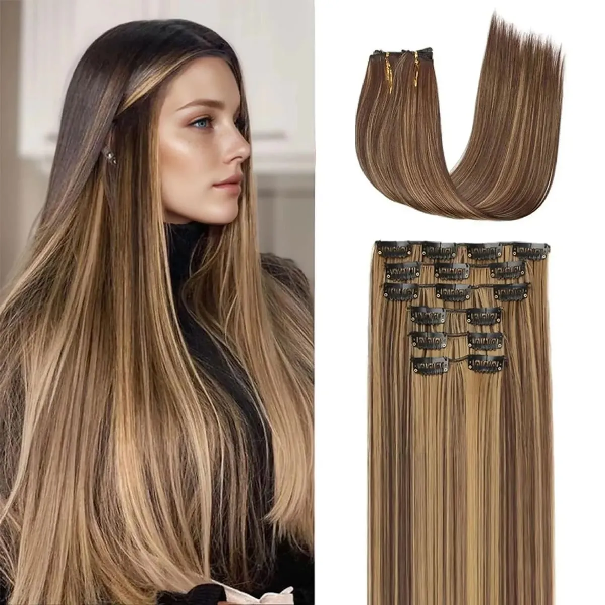 6 個のクリップインヘアエクステンション 24 インチ長さのストレート耐熱合成クリップオンヘアピース女性の日常着 — image 9