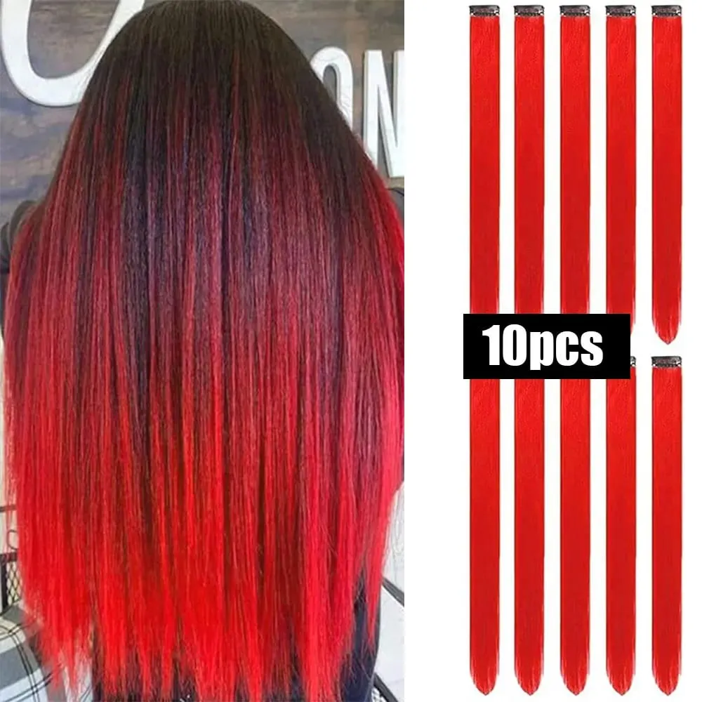 10 PCS Colored Hair Extensions Straight Hairpiece Multi-colors Party Highlights Clip in Synthetic for Women Girls Cosplay Gift