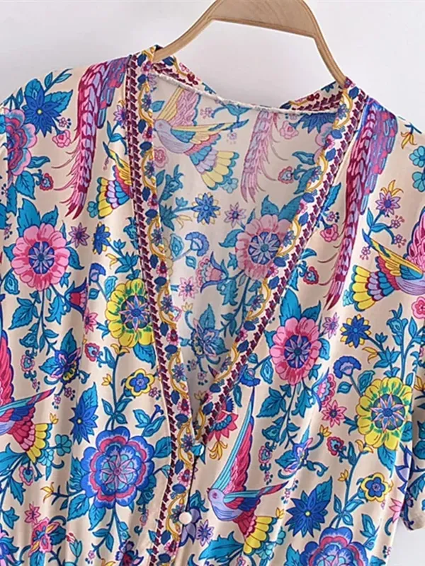 Vintage Chic mujeres Pavo Real estampado Floral profundo cuello pico bohemio Mini Vestidos señoras manga corta Happie playa Boho Vestidos