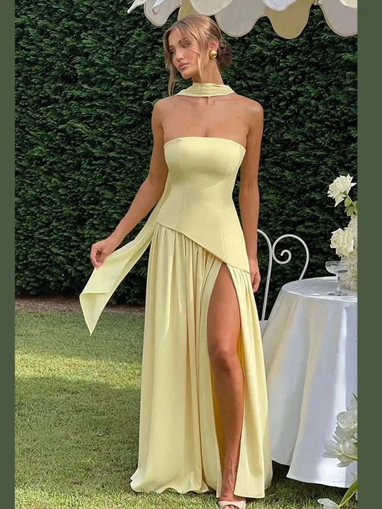 Butter Yellow Mesh Splicing Long Dress Elegant Strapless Split Backless Pleated Gowns For Women 2026 Lady Evening Party Gowns — image 3