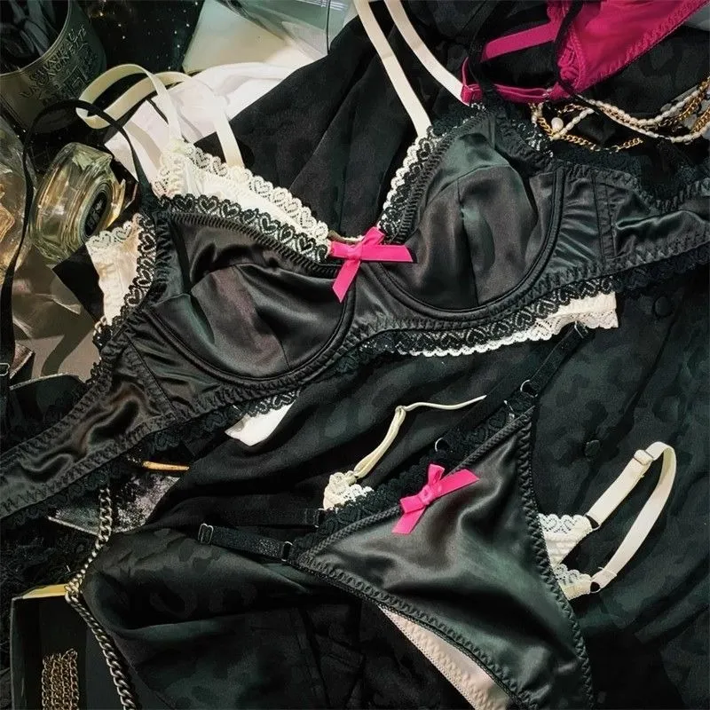 Set di biancheria intima da donna Set di reggiseno push-up in pizzo sexy di seta ghiacciata Set di biancheria intima e slip traspiranti raccolti in primavera estiva