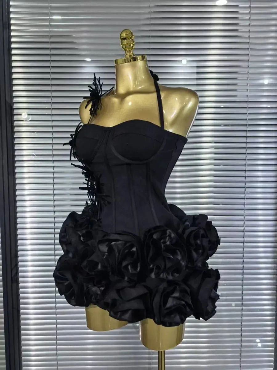 High Quality Black Red Women Sexy Halter Full Florals 2 Pieces Set Bodycon Mini Bandage Dress Celebrate Nightclub Party Wear