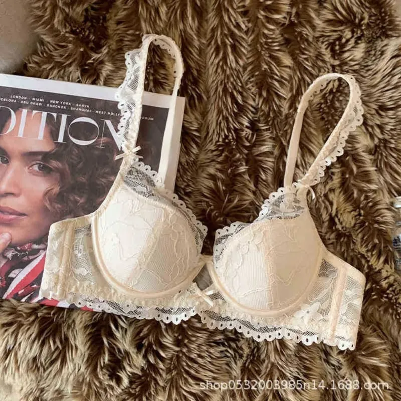 Conjunto de sutiã feminino de renda manga flutter francesa macio underwire fino respirável sexy minimizador beleza costas lingerie 32-38 ab