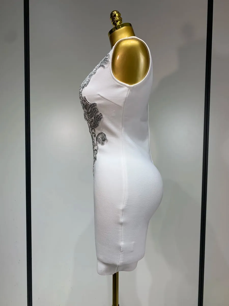 Kobiety 2025 seksowny dekolt w serek wycięty krótka bandażowa sukienka srebrne cekiny biały elegancki luksusowy urodziny klub na wesele Vestidos