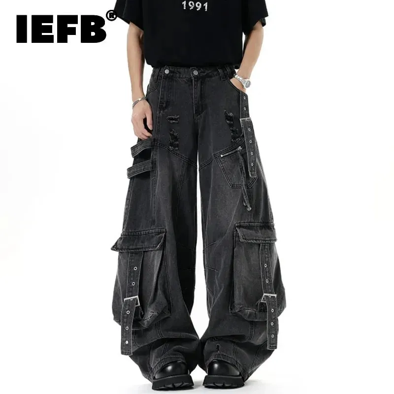 American Style Men's Jeans Solid Color Multi Pockets Casual Worn-out Trousers Deconstruction Wide Leg Denim Pants 9W4066