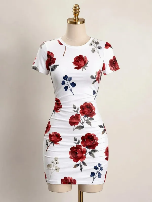 Mulheres manga curta bodycon mini vestido fino ajuste tripulação pescoço floral impressão casual festa de verão bonito elegante suave férias vestido de verão — image 10