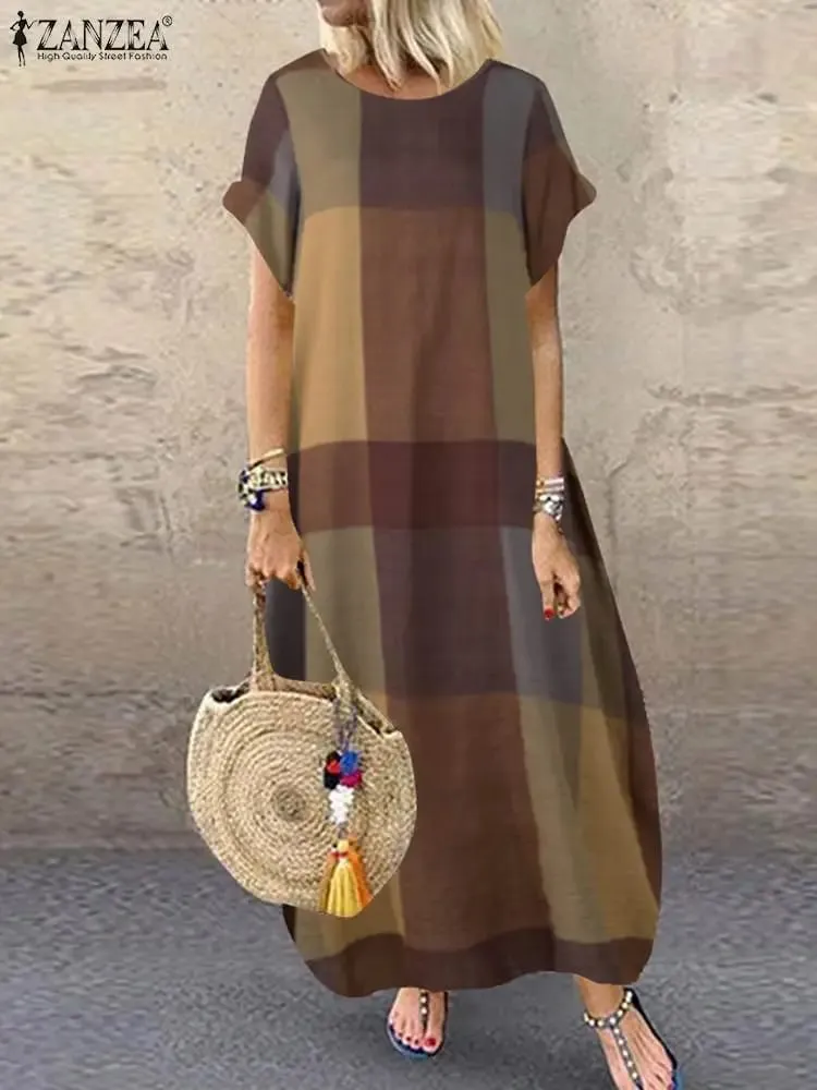Boêmio xadrez verificado vestido de verão manga curta vestido longo moda férias festa femme casual solto robe 2025