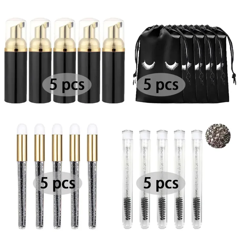 60ml Refillable Empty Plastic Pump Bottle Lash Extension Cleaning Kit Long Rod Brush Lash Curler Dust Tube EVA Storage Bag Tools