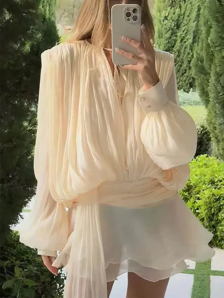 Solid Blouse Mini Dresses For Women V Neck Long Sleeve Spliced Lace Up Sweet Style Dress Female Clothing Fashion