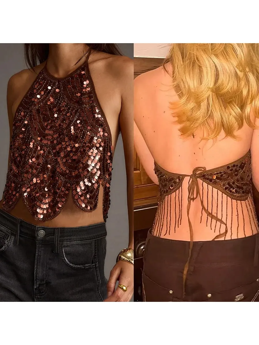 Sexig grimma paljettlinne för damer Backless Tie Up Sexig Sparkly Crop Top Ärmlös Glitter Party Toppar Klubbkläder