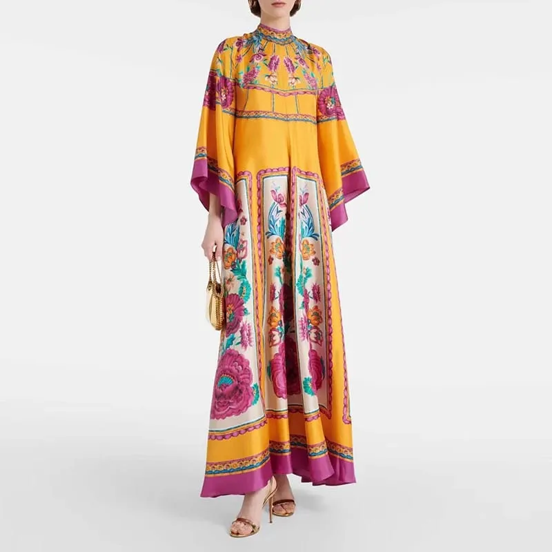 Ethnic ρετρό ανοιξιάτικο τύπωμα Boho μακρύ φόρεμα Γυναικείο σέξι όρθιο γιακά με κορδόνια φόρεμα φθινοπώρου μακρυμάνικο φαρδύ γυναικεία μάξι φορέματα