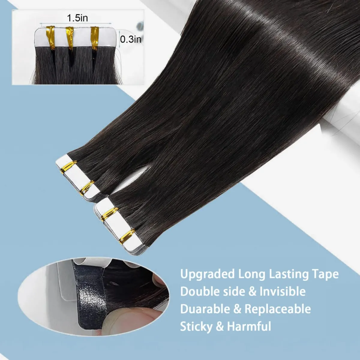 26 Inch Straight Tape In Hair Extensions Brazilian 100% Human Hair Natural Black Adhesive Invisible Glue Replaceable Seamless Tape Ins 20pcs/50g