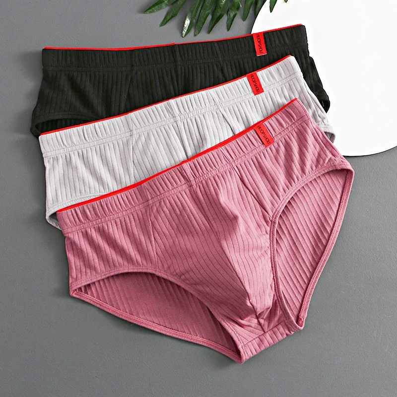 1/3 pçs cuecas masculinas meados de cintura elástica macia respirável anti-séptico u convexo listrado cor sólida casual cuecas masculinas