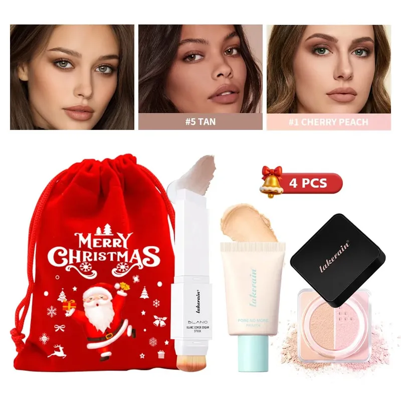 4Pcs Face Makeup Set Foundation Stick Pore No More Primer Loose Setting Powder Long Lasting Matte Beginner Makeup Christmas Gift