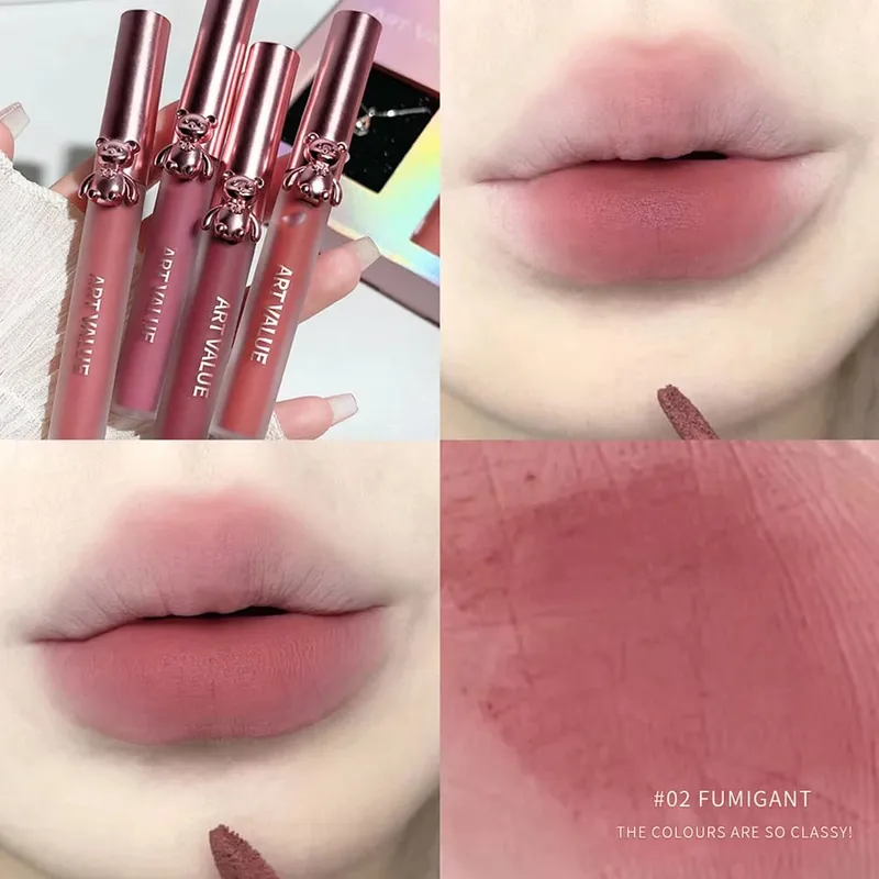 ART VALUE 4Pcs Lipgloss Liquid Lipstick Lasting Moisturizing Makeup Mirror Lip Glaze Set With Necklace Lip Tint Beauty Makeup — image 5