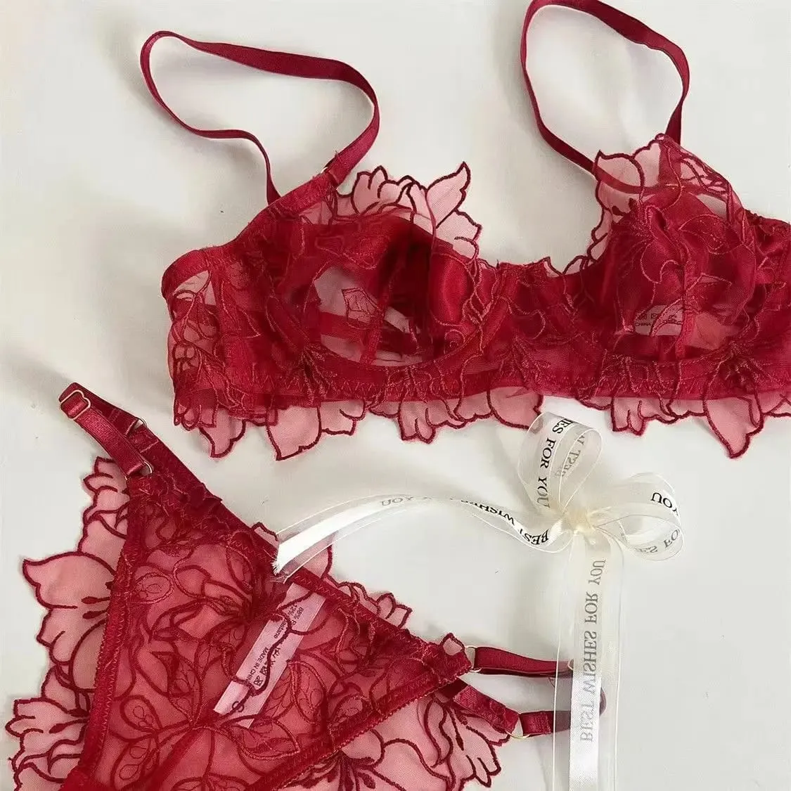 Sexy leichtes Spitzen-BH-Set, weicher Bügel für Hebung und Unterstützung, verhindert Durchhängen, exquisites, besticktes, zweiteiliges Dessous-Set