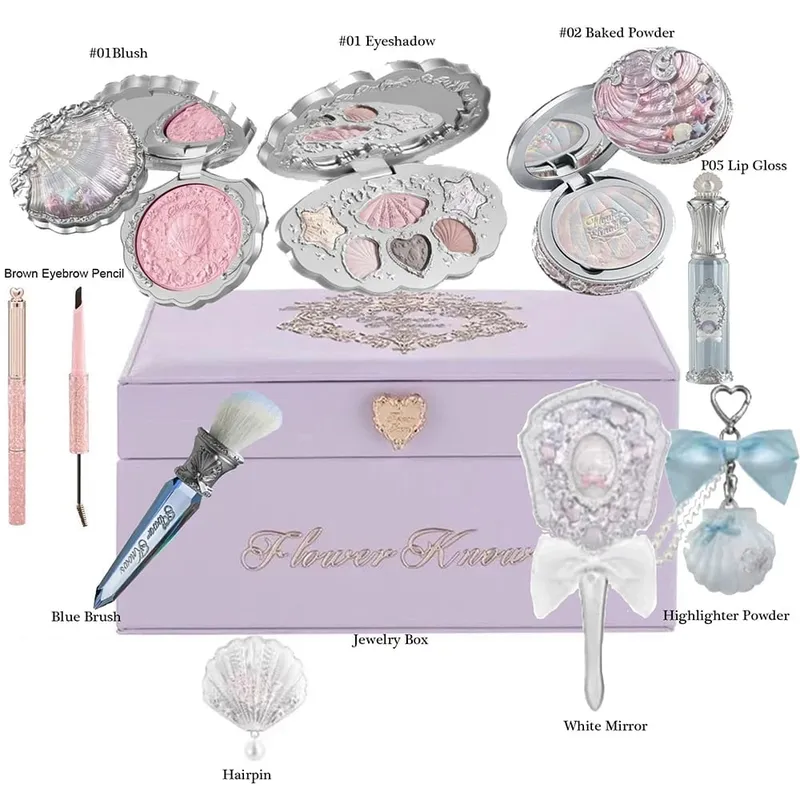 Flowerknows Shell Jewelry Gift Set Makeup Kit Full Professional Lip Gloss Highlighter Blush Baked Powder 10pcs Kits