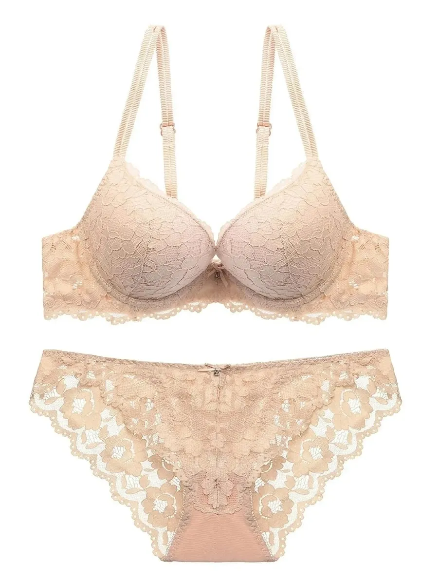 1 Set Elegant Lace Embroidery & Breathable Fabric Lingerie Set: Push-Up Bra Drop Waist Sheer Panty - Ultimate Valentine's Day
