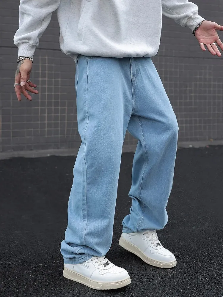 New Men's Cotton Baggy Y2K Jeans Fashion Male Clothes Elastic Waist Washed Wide Leg Pants Solid Straight Loose Denim Trousers