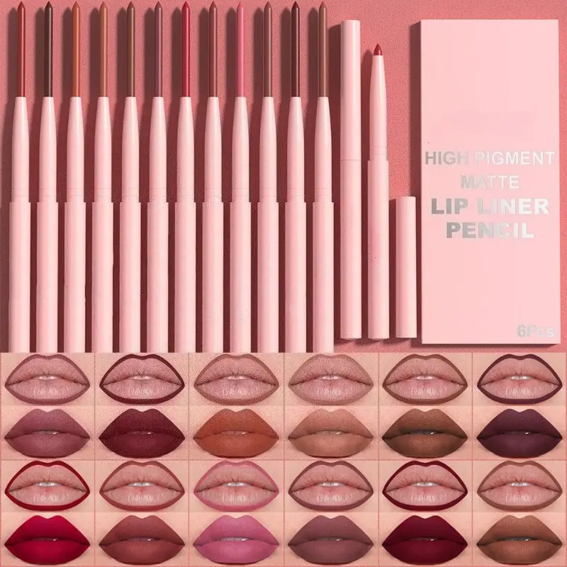 6pcs Lip Liner Pen Set Long-Lasting Waterproof Sweatproof Easy Coloring Non-fading Color Rendering Lip Gloss Set Beauty Makeup