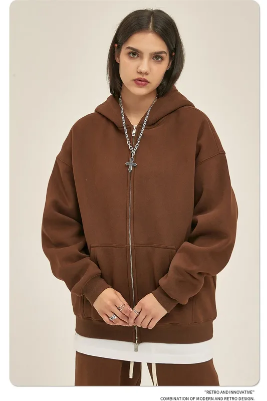 New Men Double Headed Zipper Fleece Hoodies Unisex Loose Basic Solid Warm Hooded Sweatshirts Coats For Winter HY0633