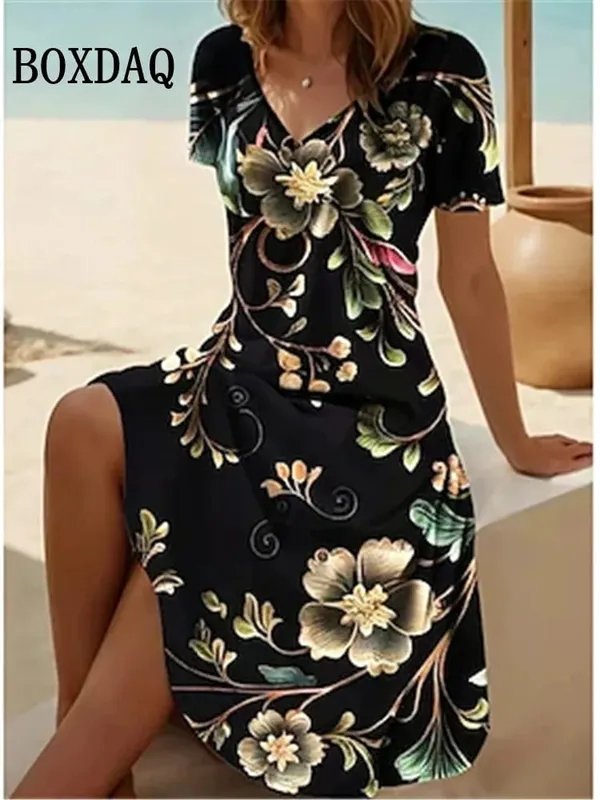 Vintage Summer Dress Women's V-Neck Flowers Printed Casual Beach Vacation Short-Sleeved Dress Loose Women Plus Size Dresses 6XL — image 6