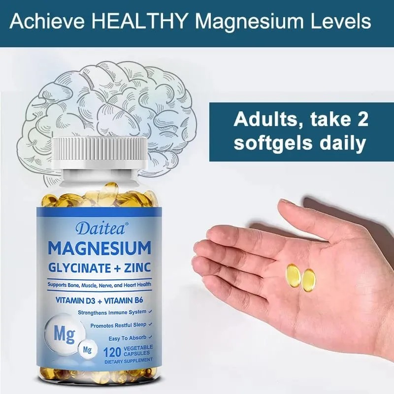 Magnesium Glycinate 500mg Capsules High Absorption with Zinc Vitamin D3 B6 Supports Bone Muscle Nerve and Heart Health