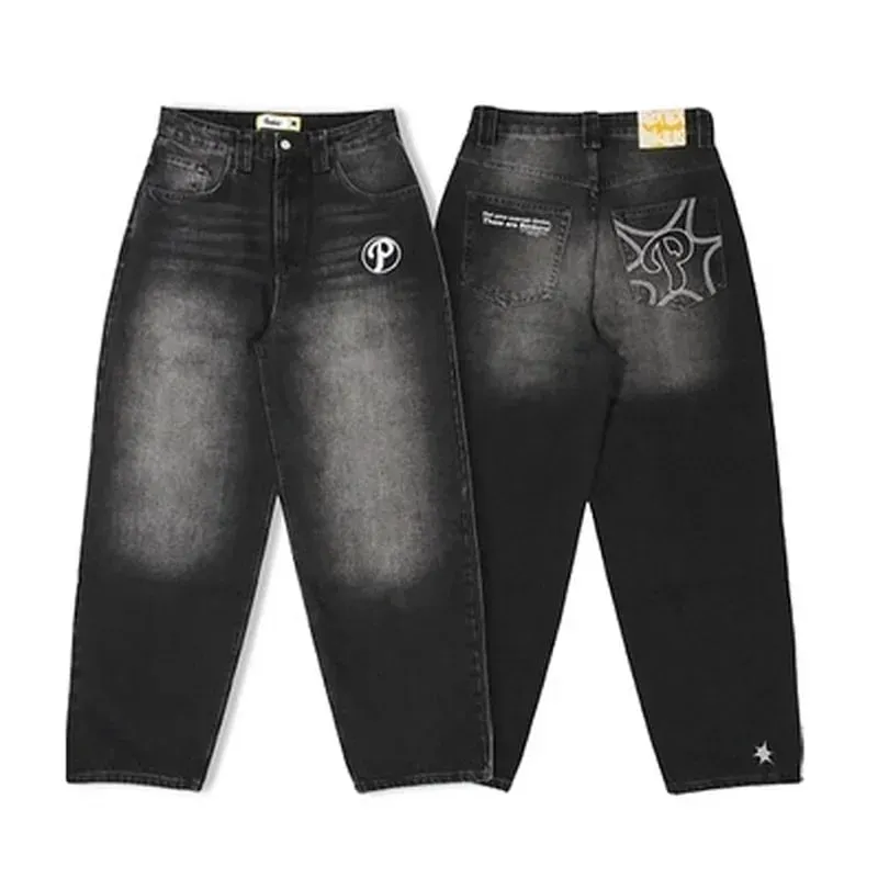 90s Gothic Centipede Embroidery Washed Oversized Wide-Leg Pants Jeans Men Y2K New Harajuku Punk Hip-Hop Rock Couple Street Wear