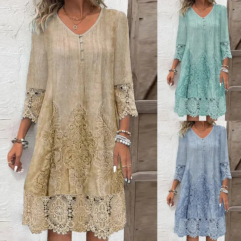 Fashion Summer Dresses 2024 Summer New 3D Pattern Lace Splicing Hollowed Out Midi Dress Casual Short Sleeve Dresses Lady Vestido