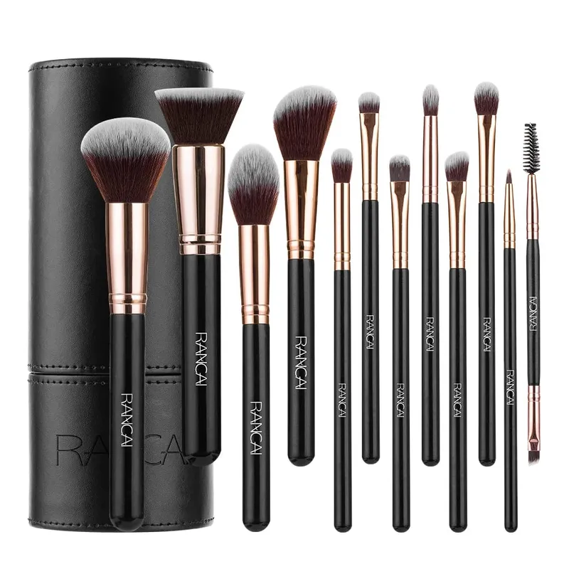 New 12pcs Black Cylinder Makeup Brush Set Black Gold Eyeshadow Brushes Multifunctional Makeup Tools