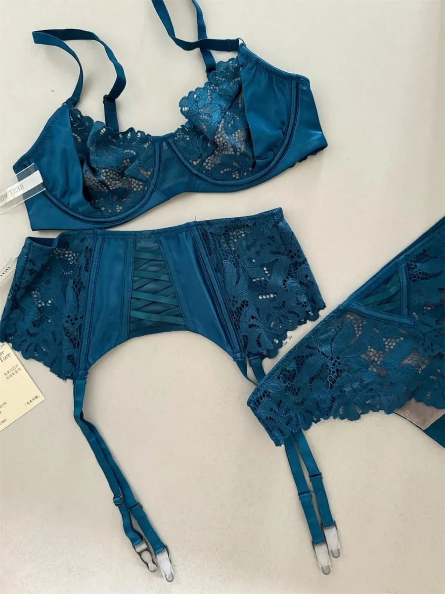 Satin three-piece thin section lingierie large breast underwear sexy lace bra breathable blue temperament underwear set
