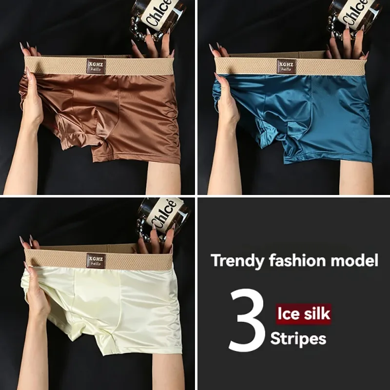 3PCS/Pack Luxury Ice Silk Satin-like Men's Panties Super Soft Boxer Homme Cool Breathable Comfortable Man Underwear Underpants