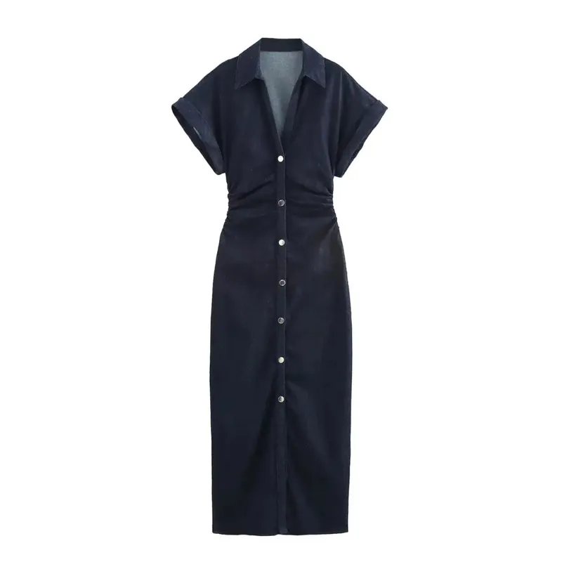 ETJ 2025 Spring New 1975 series denim MIDI dress with lapel side zipper fashion wrinkle waist slim elegant dress