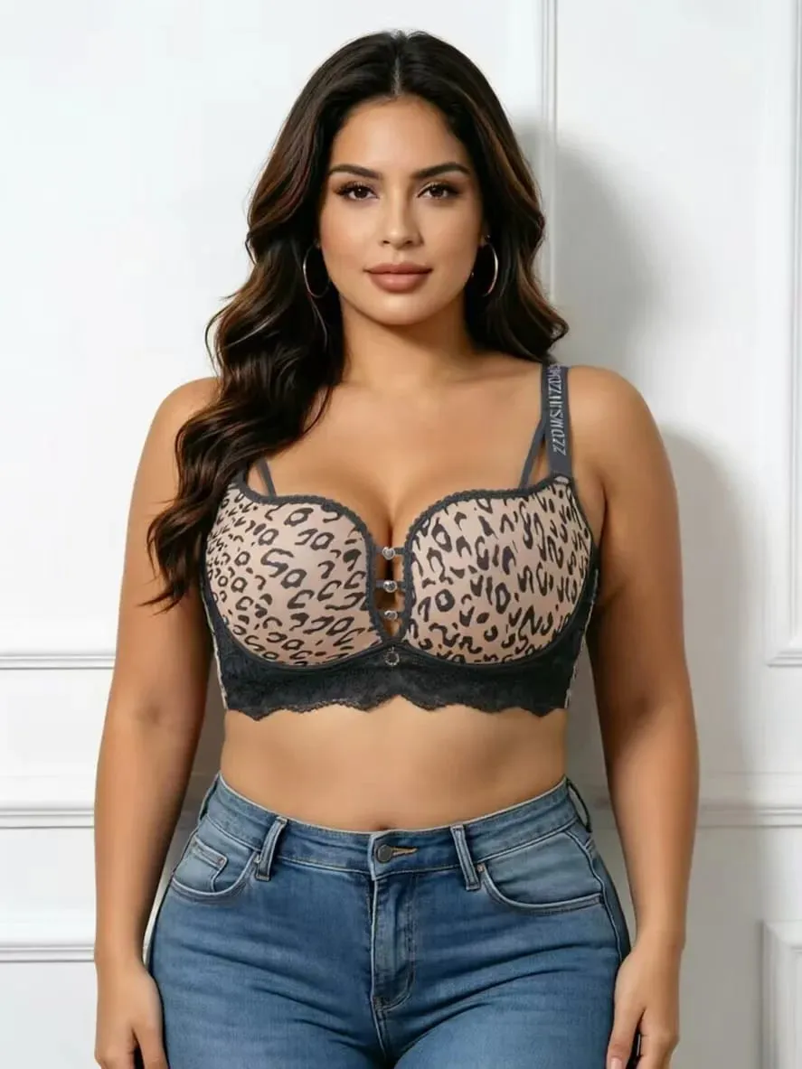 plus Size Thin Wireless Minimizer Bra Leopard Print Gather Anti-Sagging Comfort Lingerie for Big Bust Women