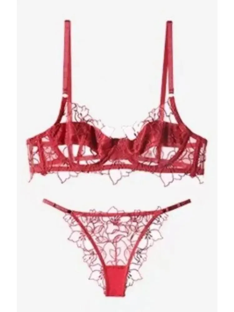 French Embroidered Lace Lingerie Set Large Bust Small Look Bra Wire Free Anti Sagging Top Sheer Bras for Women S-XL 32-38AB — image 1