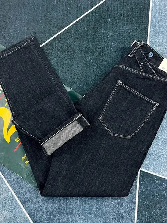 100% Cotton Back Paris buckle Spring Black Straight Jeans for Men American Retro Style Casual Japanese Slim Tapered Long Pants
