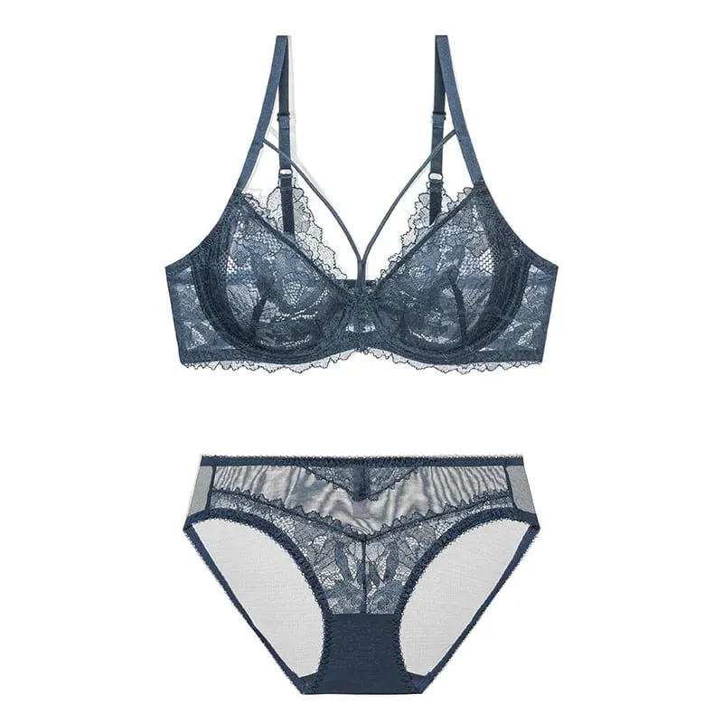 L'bellagiovanna Plus Size Minimizer Bra Set Strappy Caged Lace Lingerie Embroidery Sheer Mesh Bralette Underwire Unlined Bra B-E