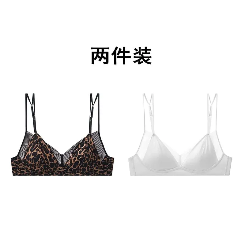 Modish Leopard Intimate Set Non-wire Thin Triangle Bra Breathable Summer Nude Fabric Small Chest Firm Gathering Womens Indoor