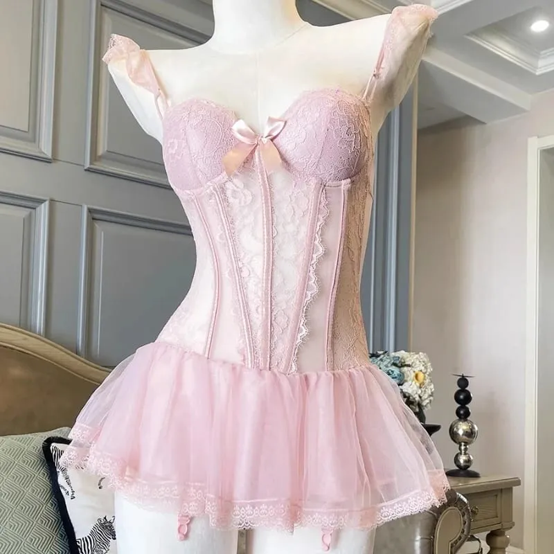 Women Camisole Sheer Mesh Fishbone Slim Crop Top Wired Bra Camis Festival Lingerie Sexy Lace Floral Embroidery Bow Corset