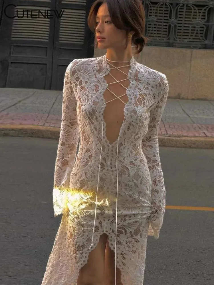 Cutenew dentelle pure femmes Robe Maxi Sexy solide mode à manches longues col rond pansement gaine robes femme superbe Robe de nuit