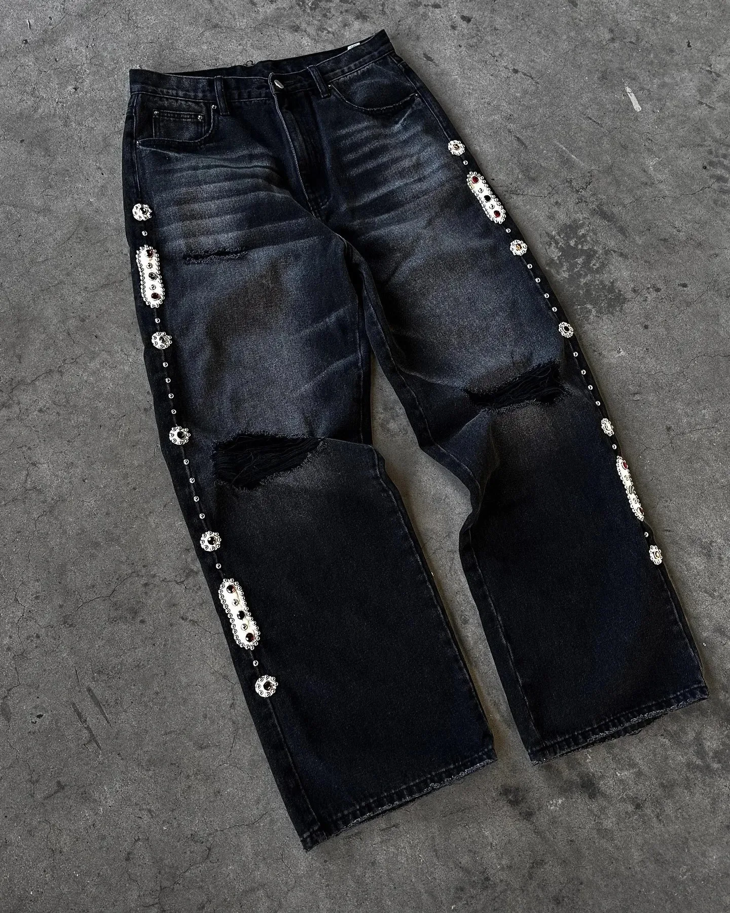 Harajuku Patchwork Cherry Blossom Embroidery Denim Pants Y2k Vintage Women Baggy Straight Wide Leg Jeans Street Men Clothes