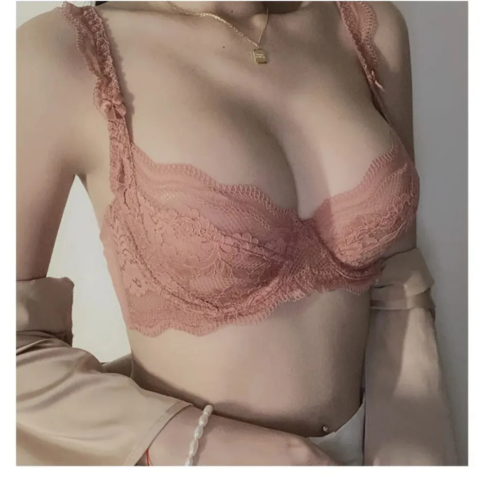 Plus Size Full Bust Minimizer Bra Set Sheer Floral Lace Thin Anti Sag Support Transparent Underwear Women Breathable Intimates