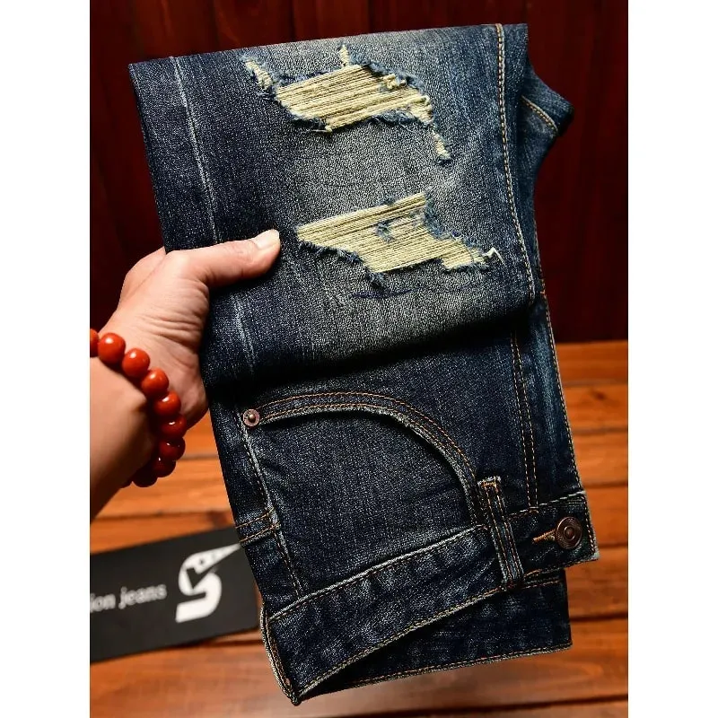 Street Designer Fashion Men Jeans Retro Washed Blue Stretch Slim Fit Ripped Jeans Men Y2K Vintage Casual Denim Pencil Pants — image 2