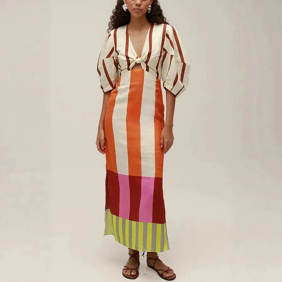 Summer Women Linen Material Long Dresses Fashion Chic Print Sexy V-neck Hollow Out High Waist Party Dress Lady Robes