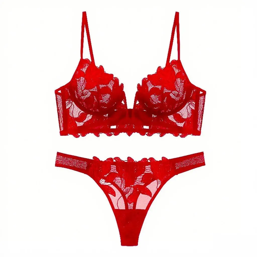 Frauen Rot Floral Spitze Dessous Set Sheer Bügel Dünnen Bh Passenden Tanga Höschen Sexy Hohl Dessous