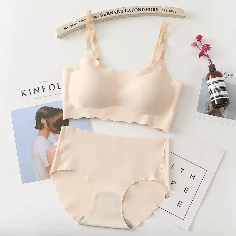 Seamless Bralette Set Strappy Camisole No Underwire Comfortable Sleep Yoga Sports Bra Panties Combo