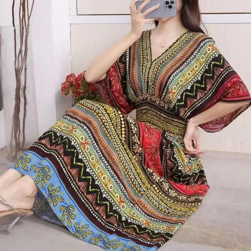 Casual Elegant Retro Bohemian National Style V-neck Elastic Waist Large Swing Printed Summer Long Skirt Woman Dress Clothes
