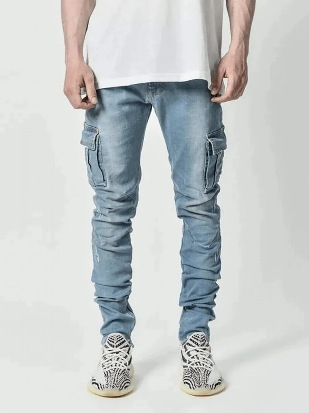 Street Elastic Jeans Men Denim Cargo Pants Wash Solid Color Multi Pockets Casual Mid Waist Trousers Slim Fit Daily Wear Joggers — image 9