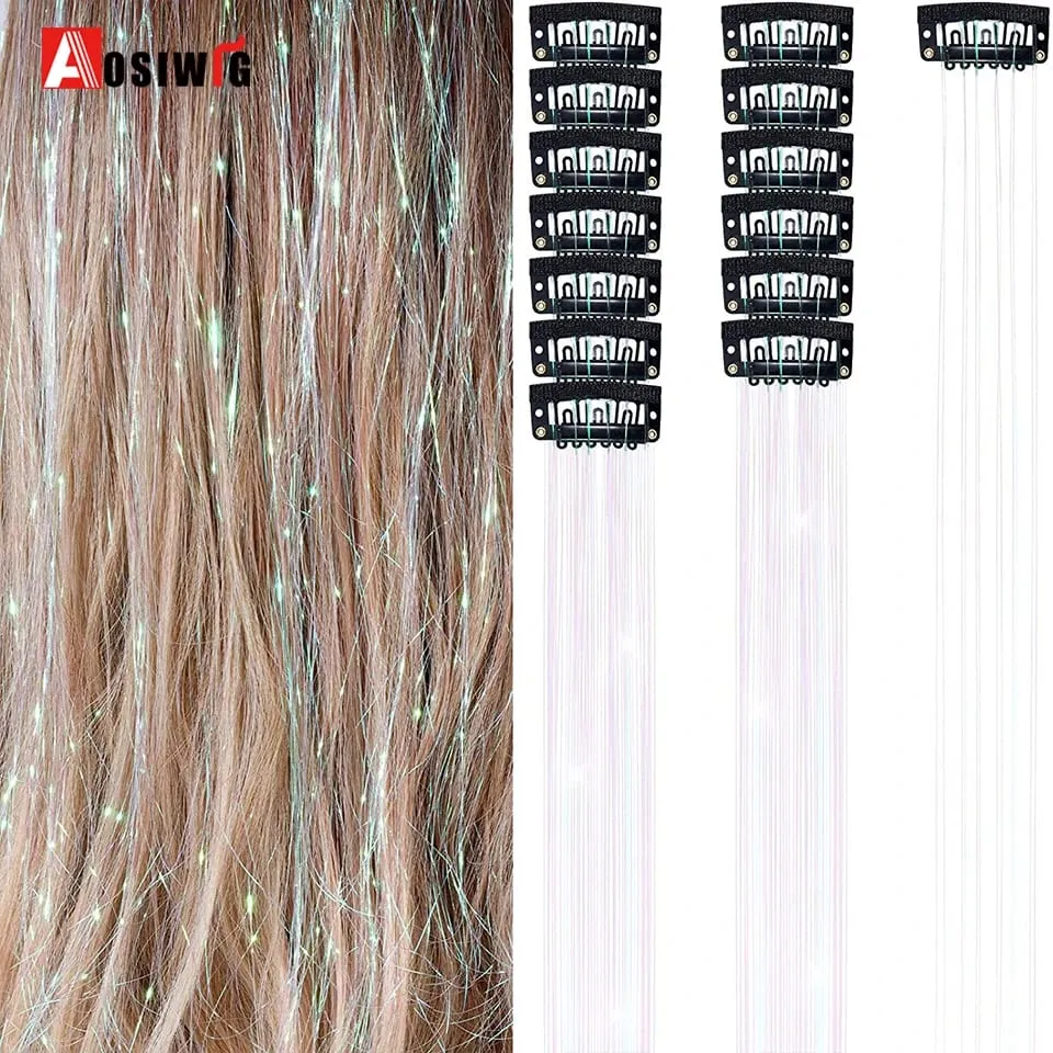 12Pcs/Pack Sparkle Blonde Hair Extensions Clip In Rainbow Shiny Sparkle Hair Tinsel Heat Resistant Sparkle Hair Extensions For W