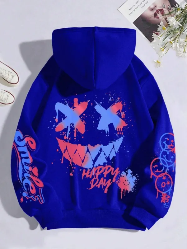 New Autumn Men's Personalized Smiling Face Print Comfortable Breathable Hooded Sweatshirt Outdoor Street Fashion Hooded Sweatshi — image 9